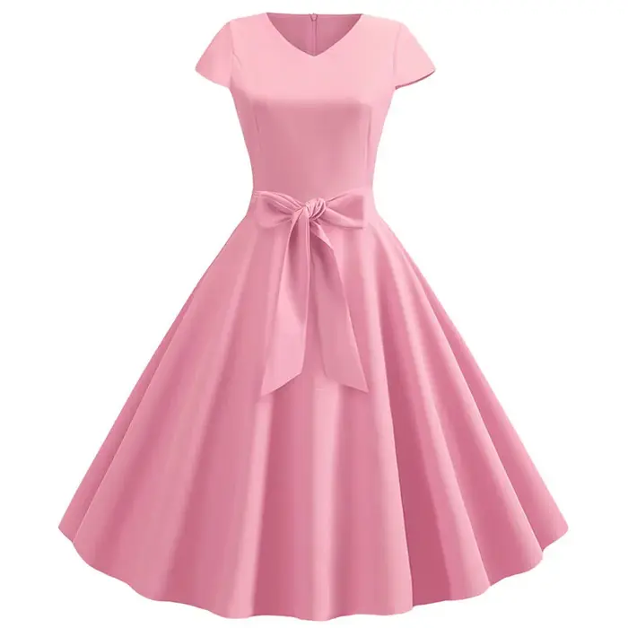Robe d'été Vintage pour femmes, avec ceinture, manches courtes, col en V, élégante, rétro, robes de
