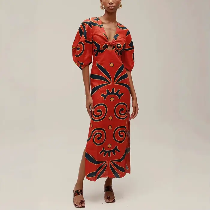 Robe en polyester chic imprimée longue col en V pour femmes occasions formelles vintage style