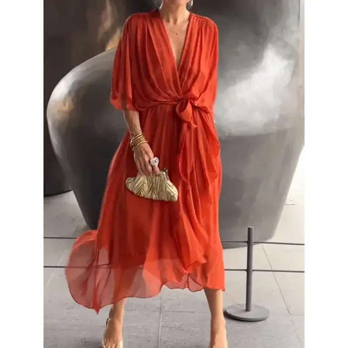 Robe midi chic et élégante en mousseline de couleur unie