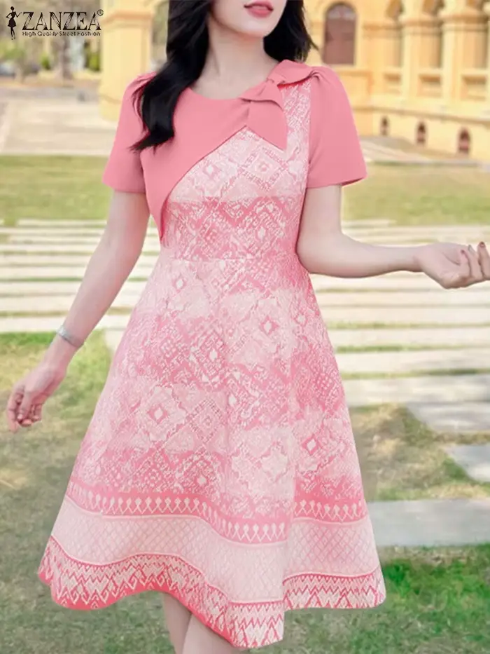 ZANZEA élégant OL Robe mi-longue femmes été robes 2025 Vintage à manches courtes imprimé nœud Robe d