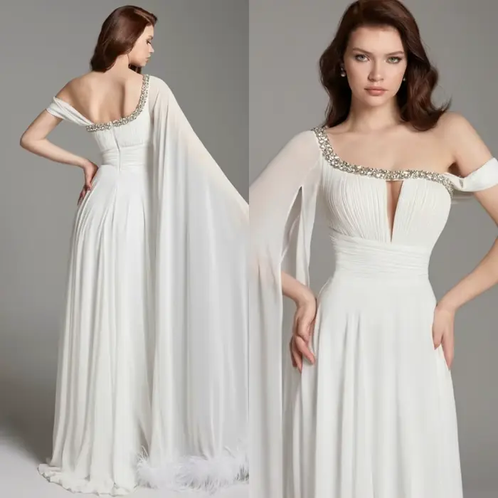 Robe de soirée en mousseline de soie blanche personnalisée asymétrique épaule dénudée pour femmes occasions spéciales soirée de gala mariage prom