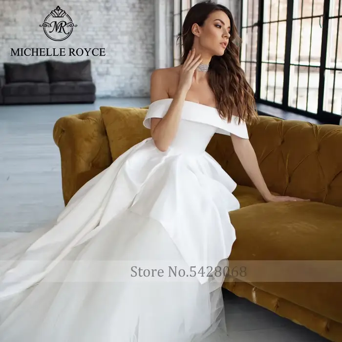 Robe de mariée Michelle Royce a-ligne moderne col bateau sans manches train de chapelle élégante pour femmes occasions spéciales