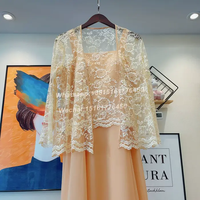 Robe de mère de la mariée en mousseline avec dentelle et veste élégante longueur cheville pour cérémonie de mariage