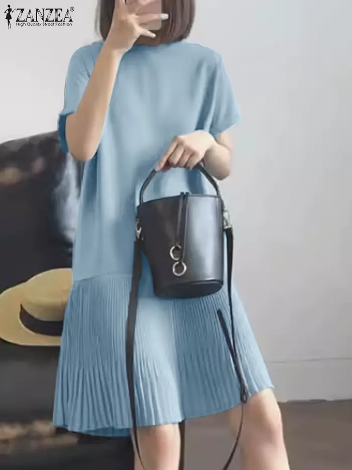 Robe plissée décontractée à manches courtes pour femme