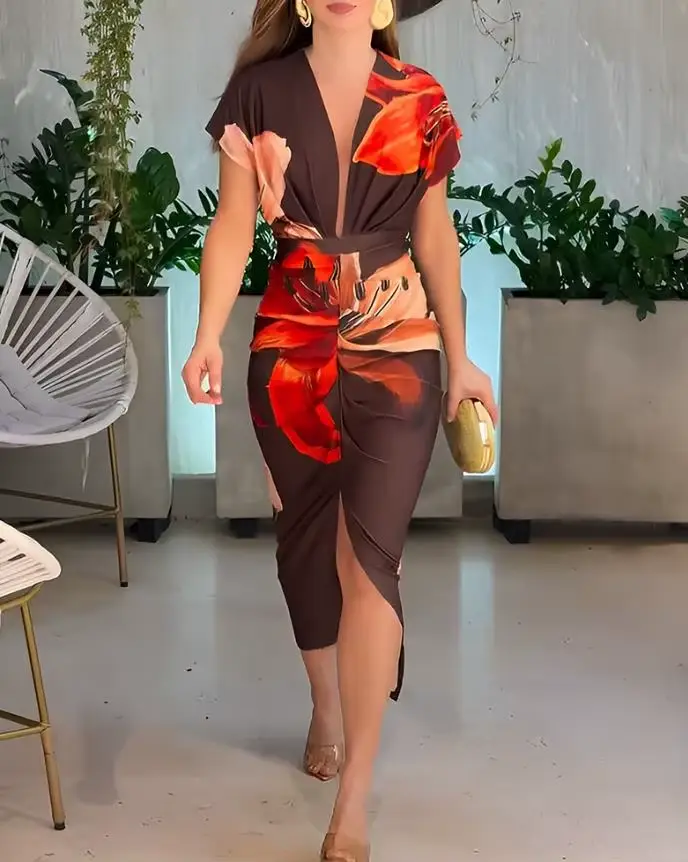 Robes pour femmes 2025 printemps été mode Placement florale imprimé col en v profond fente avant rob