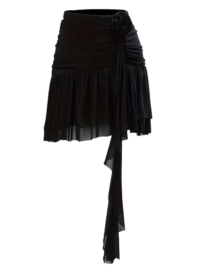 Robe mi-longue noire élégante à fleurs semi-transparente pour femme