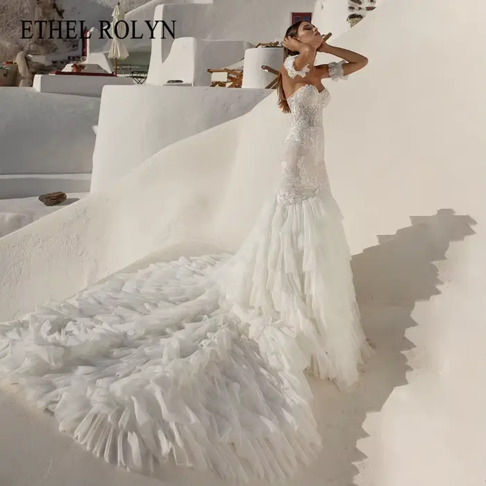 ETHEL ROLYN robe De mariée sirène chic chérie dentelle Appliques dos nu mariée volants cathédrale Tr
