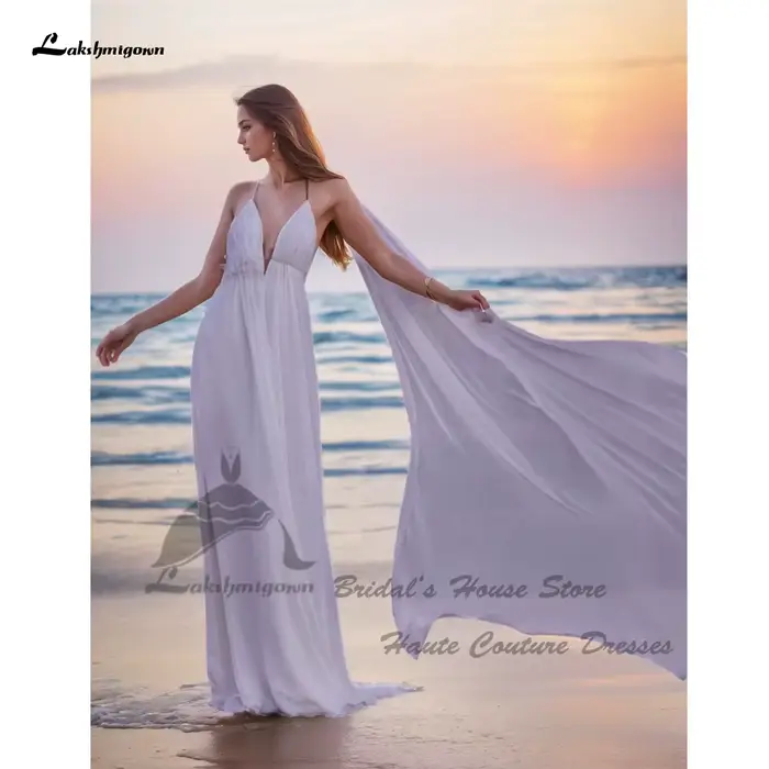 Robe de mariée en mousseline de soie blanche ou ivoire, style simple, décolleté en V, train de balayage, sangles de spaghetti, sans dossier, pour cérémonie de mariage ou plage