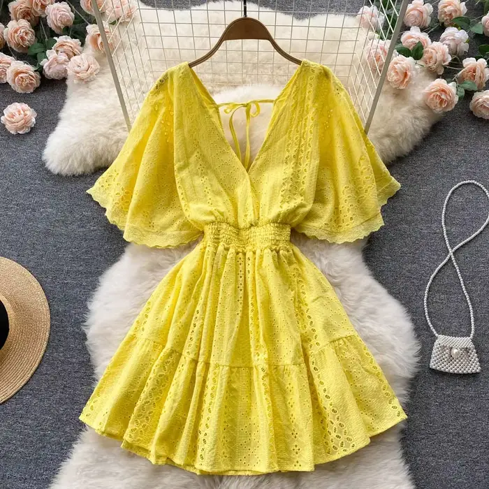 Frenchic-Robe d'été à col en V pour femme, ligne A, amissié, à lacets, mi-mollet, manches Everak, robe éducative, livraison directe