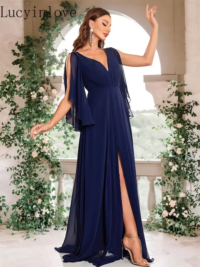Robe de soirée Lucyinlove en mousseline de soie luxuriante bleu marine à fente haute et dos en V pour femmes, occasions formelles et soirées spéciales