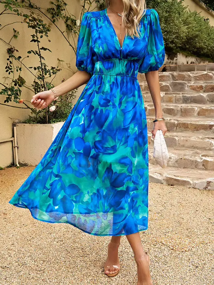 Robe Longue en Mousseline de Soie pour Femme, Vêtement de Loisirs, Imprimé, Taille Serrée, Col en V, Manches Lanternes, Printemps et Été