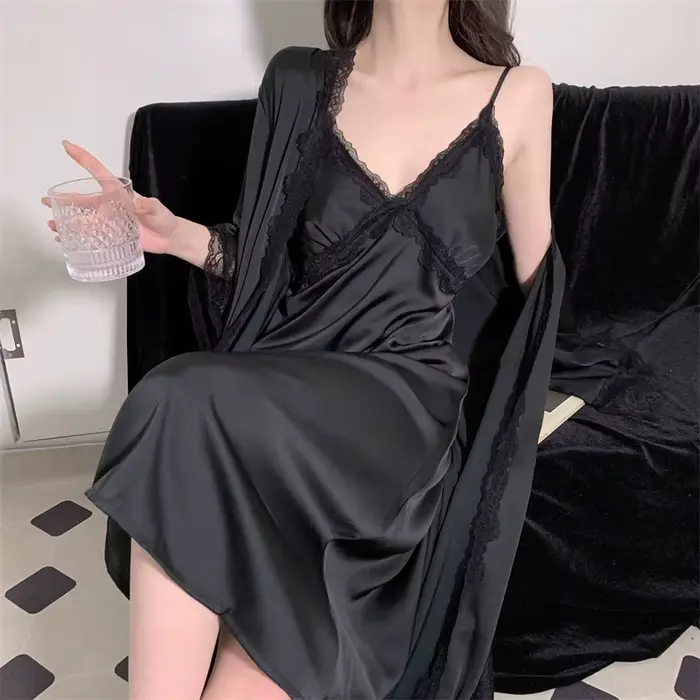 Élégant femme nuisette & Robe ensemble longue peignoir chemise de nuit Sexy dentelle garniture chemise de nuit vêtements de nuit printemps été soie Satin vêtements de maison
