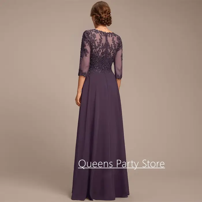 Robe élégante personnalisée de mère de la mariée en mousseline de soie avec col en V et manches 3/4 pour cérémonies de mariage et soirées spéciales