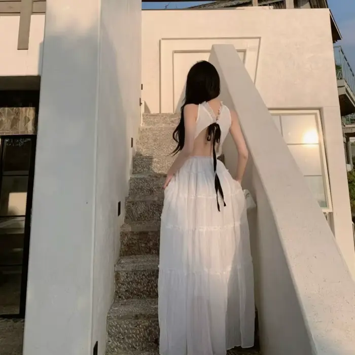 Robe longue d'été blanche élégante et sexy pour femme