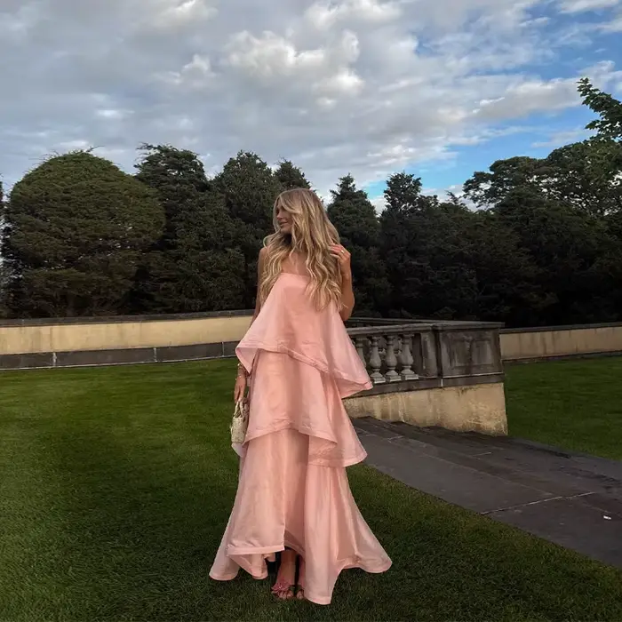 Chic rose doux couche ourlet licou robe sans manches une ligne fête Maxi Robes élégantes longues