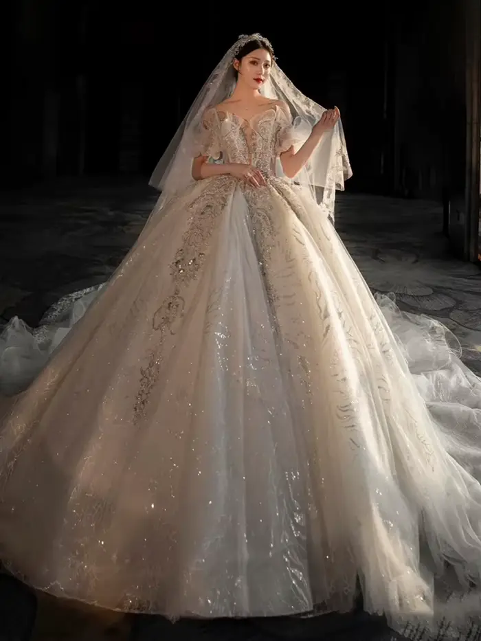 Robe de Mariée Festonnée en Dentelle et Paillettes