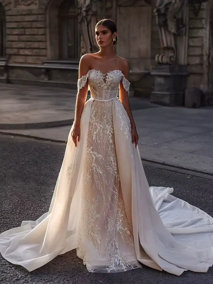 Robes de mariée de luxe en dentelle à paillettes, Corset ivoire avec traîne détachable, robes de mar