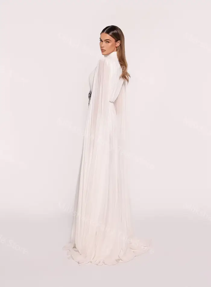 Robe de soirée trapèze blanche arabe vintage col haut avec châles longs en polyester pour femmes occasions spéciales mariage soirée officielle