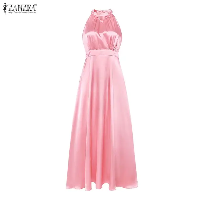 ZANZEA Robe longue élégante en satin pour femme, col halter, sans manches, coupe trapèze, pour cocktail, soirée ou invitée de mariage