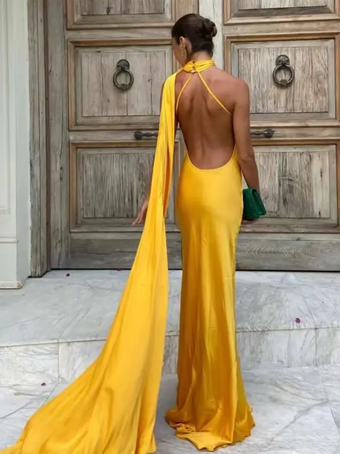 Robe longue dos nu à lacets pour femmes maxi collicollier écharpe couleur unie sans manches tenue de soirée nouvelle collection 2024