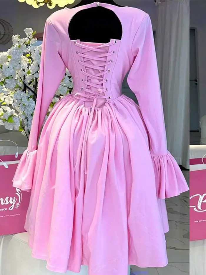 Robe vintage romantique rose sexy pour femmes avec manches, dos nu, col carré et dentelle pour occasions spéciales printemps été