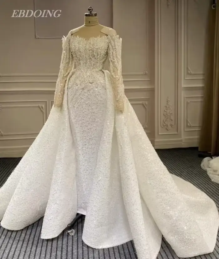 EBDOING robe de mariée sirène 2 en 1 encolure col bateau avec perles robes de mariée personnalisées