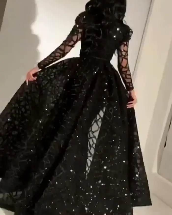 Robe de soirée à paillettes pour femme, polyester extensible, manches longues, élégante, grande balançoire, noir, été, soirées, cérémonies
