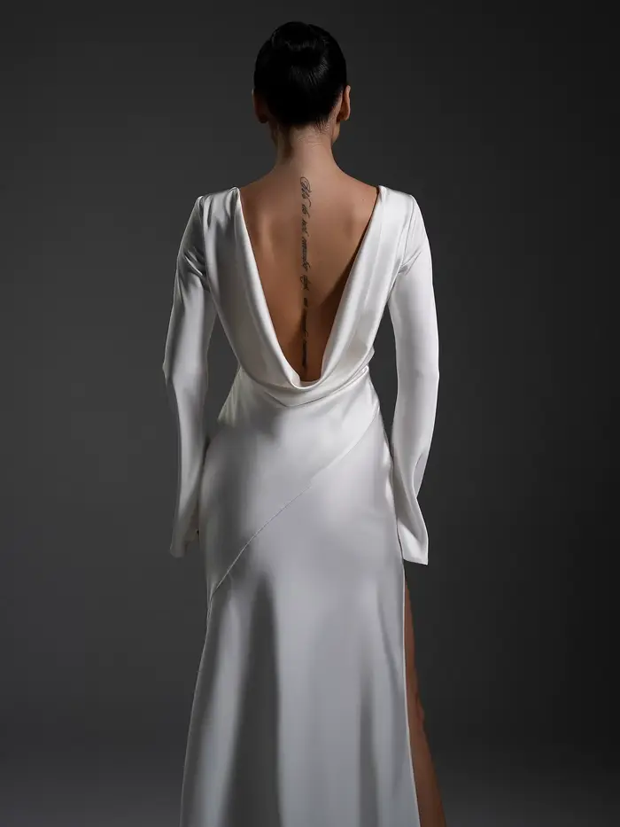 Robe de bal élégante en satin blanc avec fente haute, manches longues en taffetas, robe de mariée mo