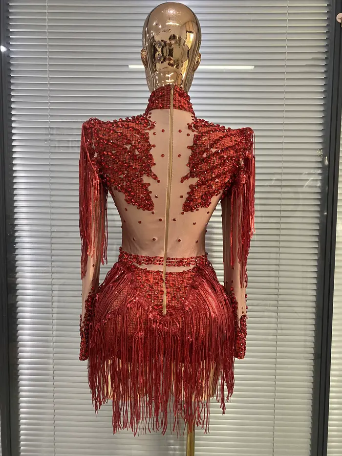 Robe de danse de salon pour femme en polyester rouge scintillante avec strass et paillettes pour soirée spectacle danse hip-hop photo