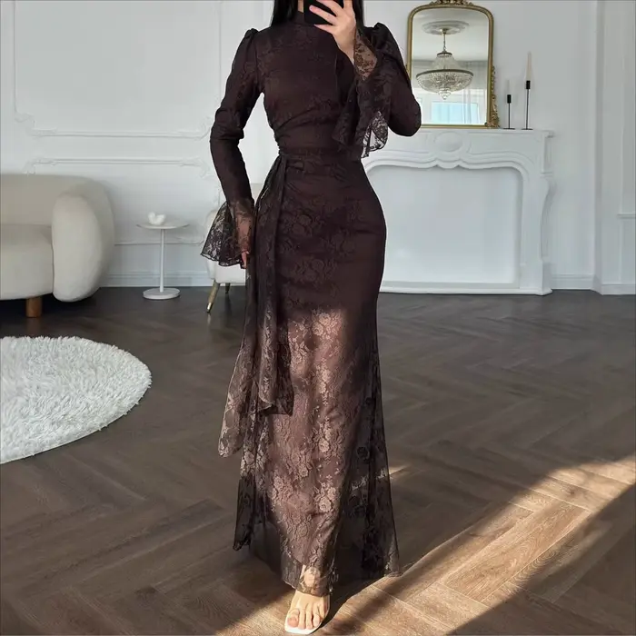 Robe de soirée ajustée en dentelle pour femme, ligne H, longueur cheville, manches cloche, taille cintrée, coupe slim, sexy et élégante, été 2026