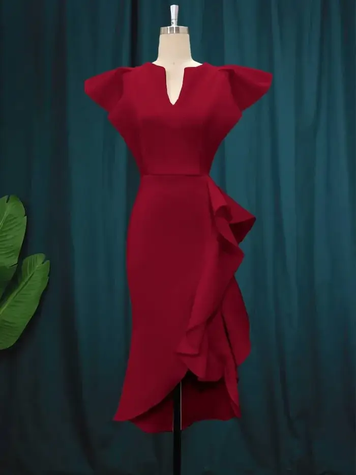 Robes de soirée de mariage d'invité de luxe femmes élégantes col en V manches courtes à volants fente irrégulière