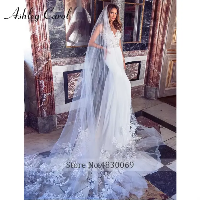 Ashley Carol dentelle sirène robes De mariée Sexy col en v cristal