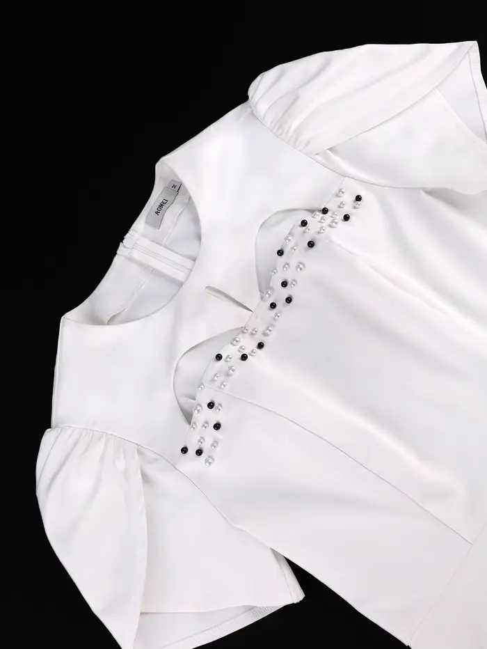 Robe midi blanche pour femmes coupe trapèze col rond perles manches courtes à pétales mode estivale soirée mariage anniversaire