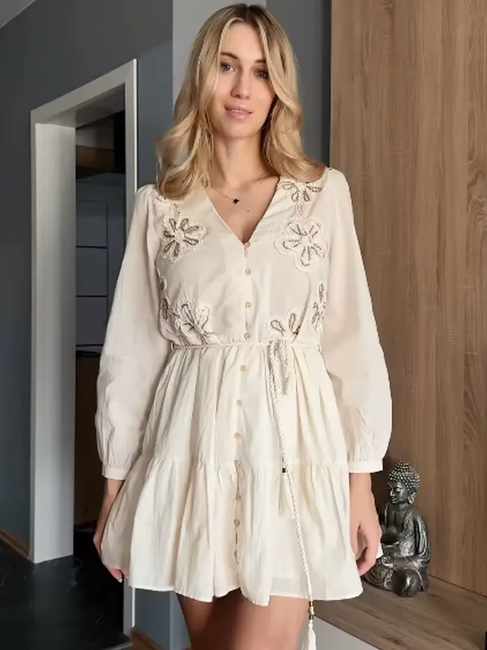 Robes pour femmes, beige, manches longues, robes courtes, nouvelle collection printemps 2026, mode féminine, vestidos décontractés, robe de fête mini brodée de fleurs