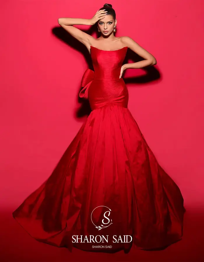 Sharon Said robe de soirée sirène vert émeraude avec nœud rouge rose pour les femmes