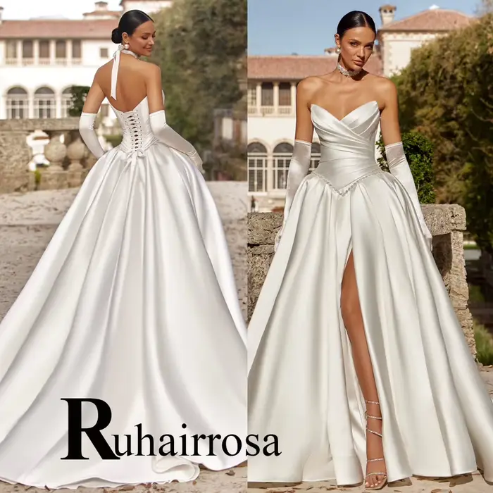 Ruhair – robe de mariée tendance pour femmes, en satin, plissée, avec fente, à lacets, coupe trapèze