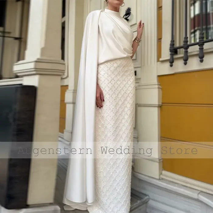 Robe de Mariée Blanche Personnalisée en Satin Style Moderne à Col Montant Ornée de Perles Occasions Spéciales Femme
