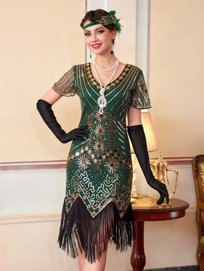 Robe à franges et sequins style Art Déco des années 20, tenue de soirée Charleston des années 20