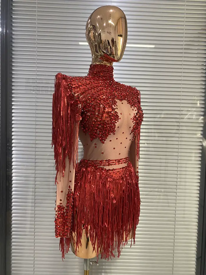 Robe de danse de salon pour femme en polyester rouge scintillante avec strass et paillettes pour soirée spectacle danse hip-hop photo