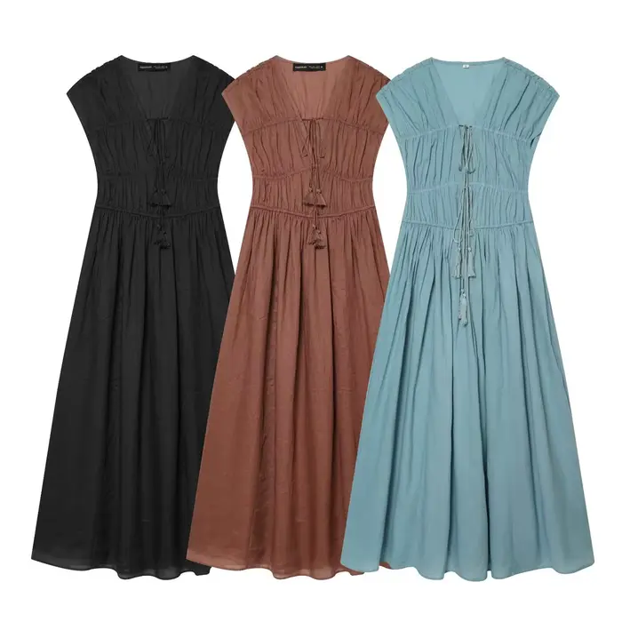 Robe Femme Été 2026 Style Européen Col V Profond Sans Manches Plissée Élégante Chic avec Cordon de Serrage Tendance Urbaine