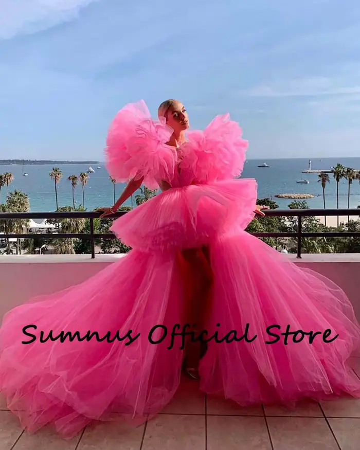 Robe de bal longue en tulle rose à plusieurs niveaux col en V profond haut bas pour occasions spéciales sexy concours personnalisable