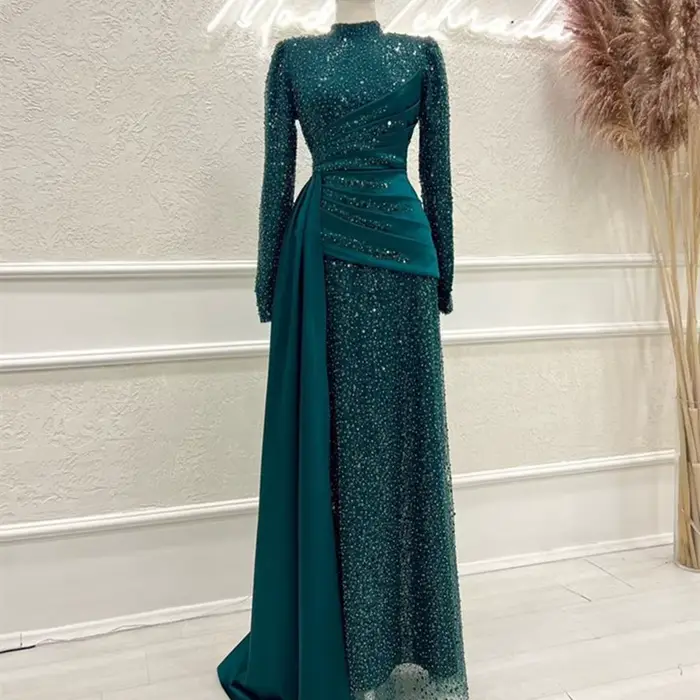 Robe de soirée élégante à paillettes vertes, manches longues, mode musulmane plissée, robes de bal f