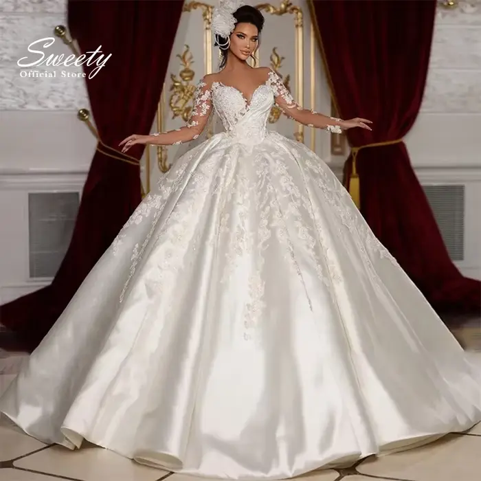 Robe de mariée en satin vintage avec dentelle brodée, robe de Rhde princesse, col rond, manches long