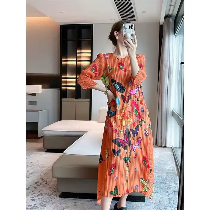 Miyake robe longue plissée robes de soirée imprimé femme été plissé Joker mode léger luxe élégant dames Style