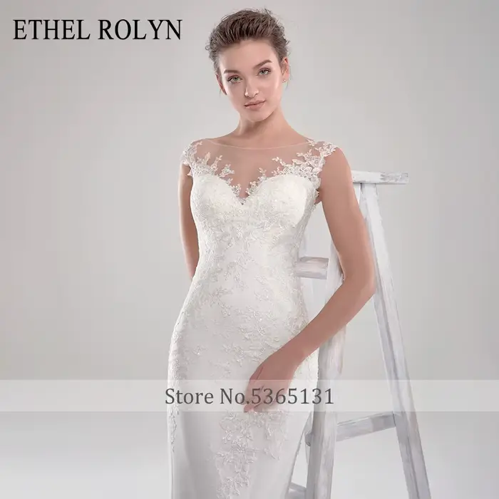 Robe de mariée sirène Ethel Rolynd avec dentelle et appliques, dos nu, col rond, disponible en plusieurs couleurs et tailles personnalisables pour femmes occasions spéciales
