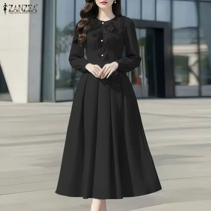 ZANZEA Robes Midi Femme Été Printemps Décontractées Manches Longues Unies Col Rond Ample