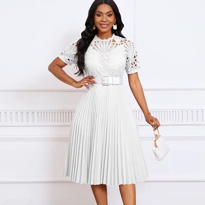 Robe Midi Plissée à Manches Courtes et Col Rond pour Femme
