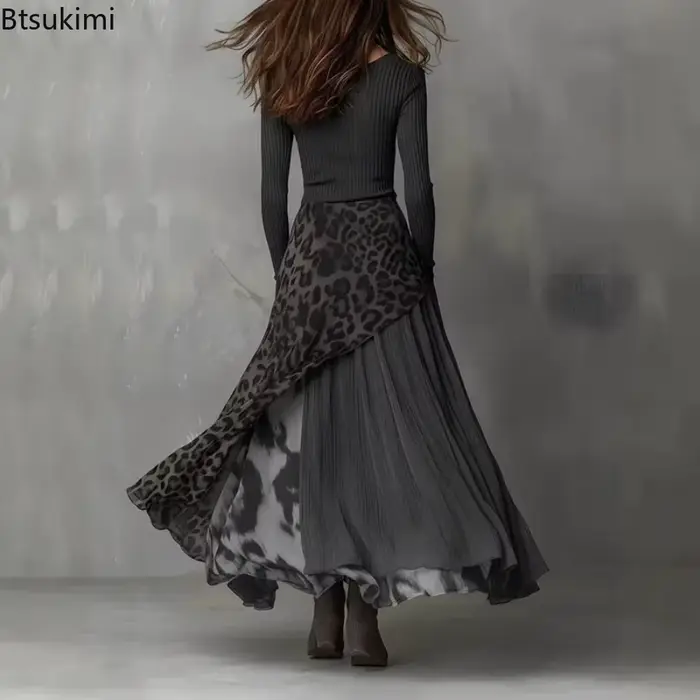 Robe longue élégante pour femme à imprimé léopard et empiècements, taille haute, pour soirées, printemps-automne, à manches longues et volants, style maxi occasions spéciales