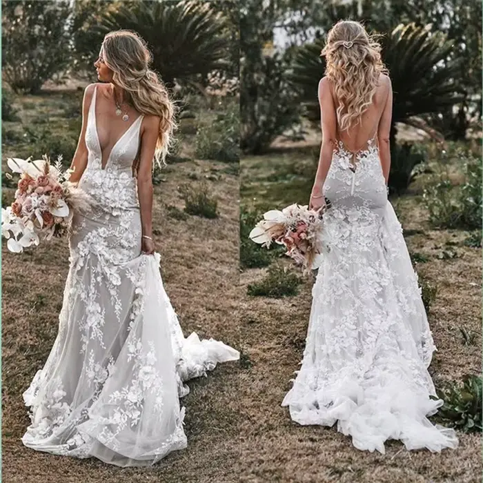 Robe de mariée sirène vintage personnalisée, robe de mariée spaghetti, col en V, dos nu, appliques e