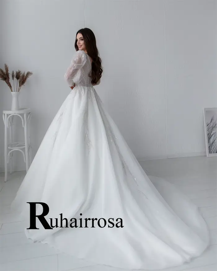 Ruhair Robe De mariée gracieuse manches bouffantes a-ligne dos nu col en v paillettes Tulle sur mesure Occasion